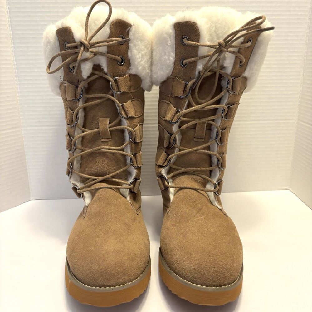 EMU Ridge Australia Women Size 9 Lace Up  Sheepskin Boots Tan Wool Blend Lined